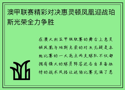 澳甲联赛精彩对决惠灵顿凤凰迎战珀斯光荣全力争胜